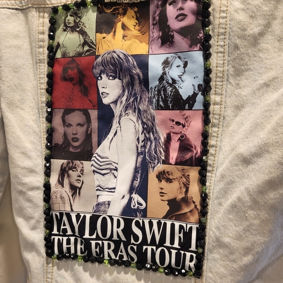 Custom Taylor Swift Eras Tour Upcycled Blue Denim Jean Jacket Beaded Size Medium - Picture 4 of 6